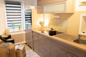 a kitchen with a sink and a counter top at Ferienwohnung Tatort in Sankt Andreasberg +9 photos