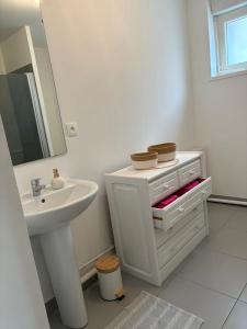 a white bathroom with a sink and a mirror at L'R de Malo studio cosy in Dunkerque +7 photos