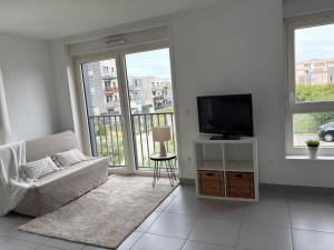 a living room with a couch and a flat screen tv at L'R de Malo studio cosy in Dunkerque