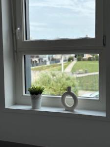 a window with a plant and a vase on a window sill at L'R de Malo studio cosy in Dunkerque