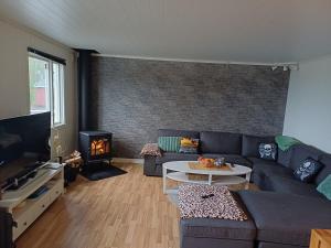 a living room with a couch and a fire place at Sunne Stugcenter 37 in Gräsmark