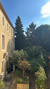 a garden with a tree and a building and trees at La Casa De Frida charme & poésie in Narbonne
