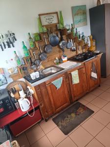 a kitchen with wooden cabinets with pots and pans at Le Tuléar - Aux 4 coins du monde in Saint-Pierre