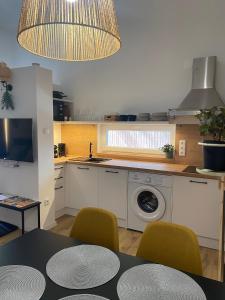 a kitchen with a washing machine and a table with chairs at Riverside Apartment in Makó