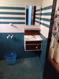 a bathroom with a sink and a mirror at Tharissu potta farm stay in Kollengode