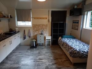 1 dormitorio con cama, lavabo y escritorio en Private apartment - Green Heart center NL, en Woerden