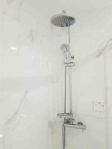 a shower in a bathroom with a white wall at Almada Downtown 104 in Porto