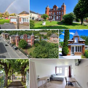 a collage of pictures of houses and a rainbow at Le petit Château Avesnois - Studio avec terrasse vue sur le jardin in Avesnes-sur-Helpe +23 photos