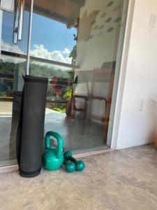 a pair of green plastic ducks sitting on a porch at Divina Casa in Itacaré