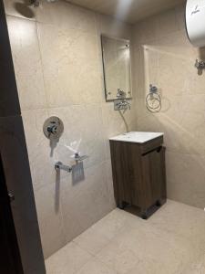 une salle de bain avec une douche avec un lavabo et un miroir dans l'établissement Cliffside cottage, à Tangmarg