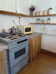 a kitchen with a stove and a microwave at Casa de Altura in Tilcara