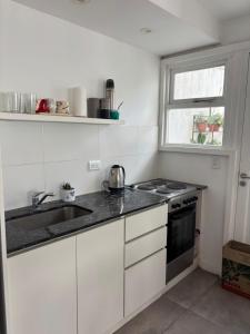 eine Küche mit weißen Schränken und einer Spüle und einem Fenster in der Unterkunft Departamento Roca in La Porteña