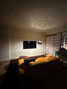 a living room with a couch and a flat screen tv at Mid-Century Luxe - Story Bridge & River Views in Brisbane