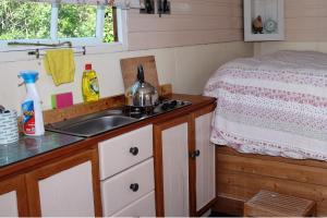 a kitchen with a sink and a bed in a room at 1Bed Cabin Sleeps 2- Parking Fireplace Garden Pets in Lizard