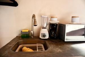 a kitchen counter with a sink and a microwave at Mini Lofts Ajijic in Ajijic