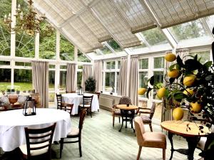 a conservatory with tables and chairs and a plant at Scarborough Hill Country Inn in North Walsham