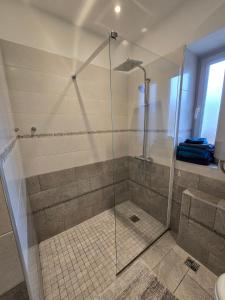 a shower with a glass door in a bathroom at Appartement proche Walibi in Les Avenières