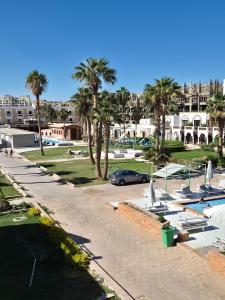 une rue avec des palmiers et un parking dans l'établissement Elixir Resort Hurghada 30, à Hurghada