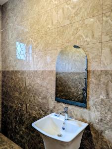 a bathroom with a sink and a mirror at Palm Gardens Guesthouse in Kampala