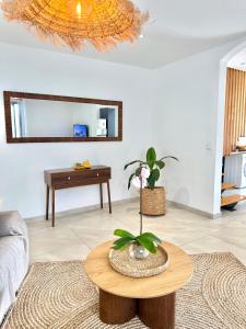a living room with a table and a mirror at Villa Solaya - Sud Sauvage in Saint-Joseph +50 photos