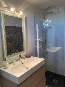 a bathroom with a sink and a shower with a mirror at La Ladera Bay View in La Herradura