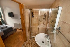 a bathroom with a shower and a sink and a toilet at Roomy home 1 level Free Parking in Edinburgh