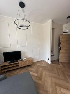 a living room with a tv and a wooden floor at Mieszkanie Apartament stylowy zadbany parking parter in Słupsk