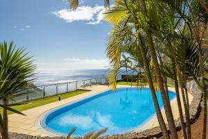 a swimming pool with palm trees and the ocean at Calheta, Sun, Sea & Pool in Calheta