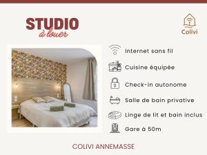 a poster of a hotel room with a bed and some icons at Colivi Studio Cosy 50m Gare Annemasse in Annemasse +1 photo