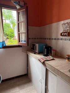 a kitchen with a counter with a microwave and a window at Casa del Arte in Salta