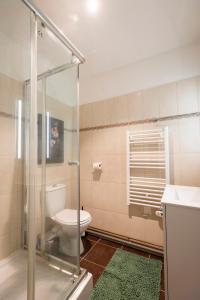 a bathroom with a toilet and a glass shower at Le Goupil in Chalon-sur-Saône