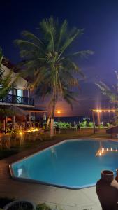 een zwembad 's nachts met een palmboom bij Pousada Grandmar, Maragogi in Maragogi