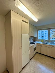 チューリッヒにあるSimple 2BR Apartment with Natural Lightのキッチン(白い冷蔵庫付)、窓 +7枚の写真