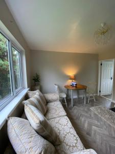 a living room with a couch and a table at Katie's Cosy Cottage in Ballyjamesduff