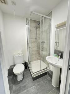 Un baño con ducha, inodoro y lavabo. en Princes Palace, en Londres