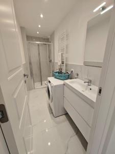 une salle de bain blanche avec une machine à laver et un lavabo dans l'établissement Mono Giudici, à Clusone