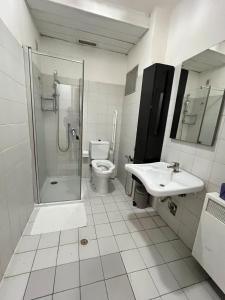 Un baño con ducha, lavabo e inodoro. en Venice casa, en Mestre 15 fotos más