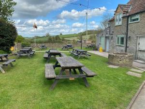 a group of picnic tables on the grass at Tuckers Grave Inn - Historic Inn & Cider Pub in Norton Saint Philip