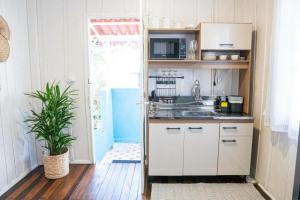 a kitchen with white cabinets and a sink and a plant at Granbalaio Hostel in Blumenau