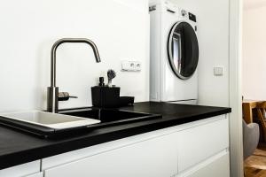 a kitchen with a sink and a washing machine at apartmán NA NOC V BOHDANČI in Lázně Bohdaneč +35 photos