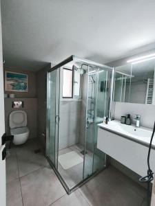 アテネにあるCenter Athens all new and fully equipped 2 bedrooms 82 sqm big sea view apt close to Acropoli with Liftのガラスのシャワーと洗面台を備えたバスルーム +42枚の写真