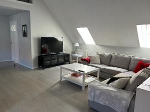 a living room with a couch and a tv at Apartamenty Smile 2 in Grudziądz
