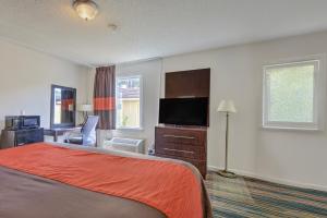 a hotel room with a bed and a flat screen tv at OYO Palm Leaf Motel in Ashland
