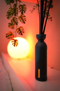 a black vase with plants in it next to a lamp at Suite romantique avec Spa in La Celle-sous-Gouzon +10 photos