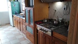 a kitchen with wooden cabinets and a stove top oven at Casa Inspira in Neuquén