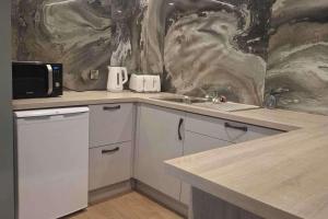 een keuken met een spoelbak en een aanrechtblad bij Studio - Sleeps 4 - Garden - Parking - Wifi in Blessington