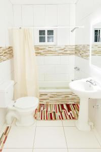 Chantal House Sleeps 8 with Garden في Buff Bay: حمام مع مرحاض ومغسلة وحوض استحمام