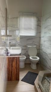 a bathroom with a toilet and a sink at Casa Baleia Azul 8A Ponta Mamoli in Ponta Mamoli