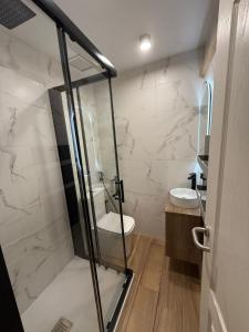 a bathroom with two sinks and a glass shower at HOSTAL ANDREA GRANVIA in Madrid