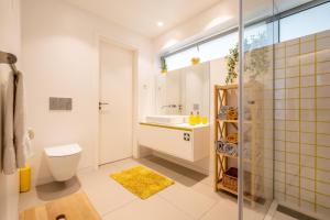 a bathroom with a toilet and a sink and a shower at T1 Moliceiros Centro de Aveiro in Aveiro